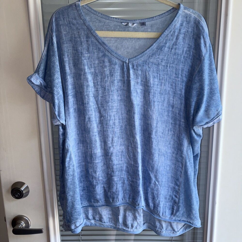 Kaktus Linen Blend Top Size XL Light Blue Rolled Hem Boxy Lagenlook Comfort